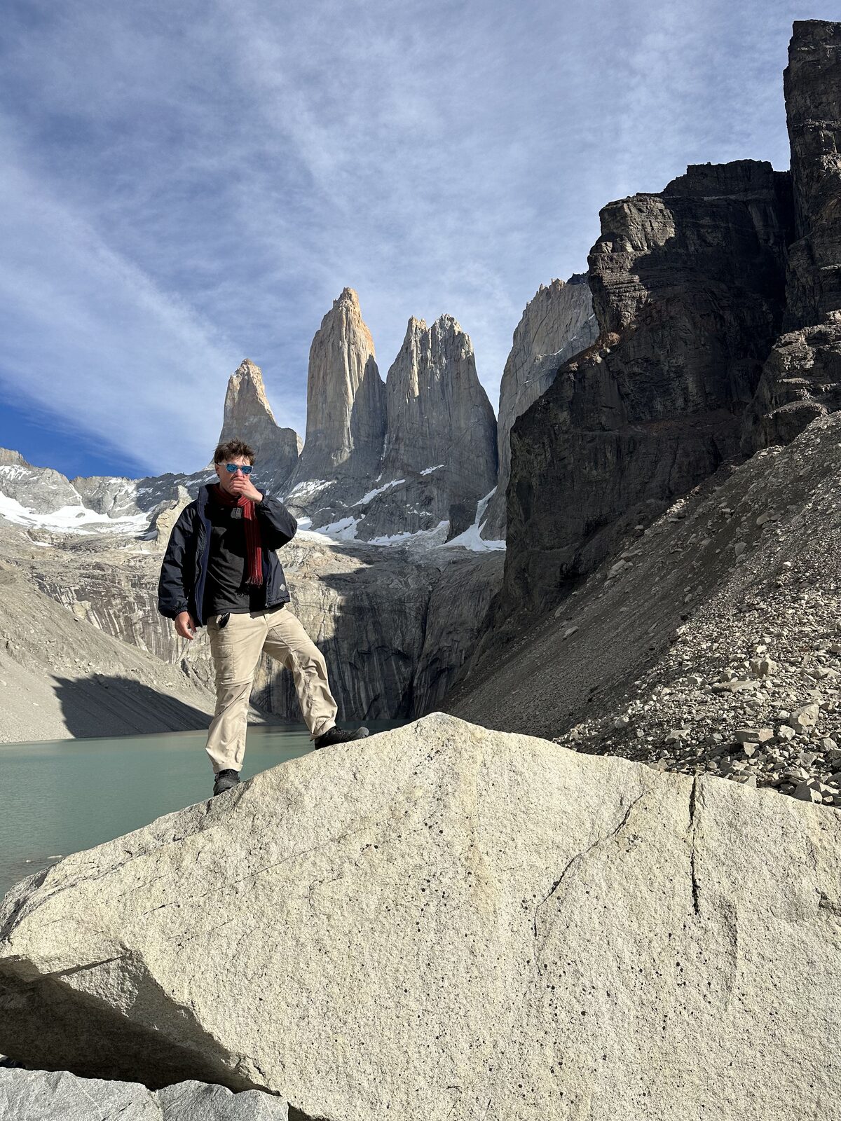 Benito in front of the Torres del Paine peaks in Chilean Patagonia